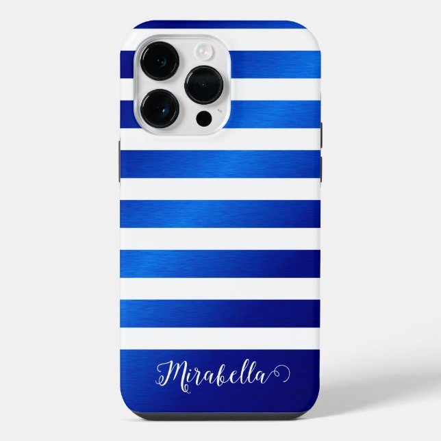 Coque iPhone Élégant Monogramme Nom Rayures Bleues et Blanches (Verso)