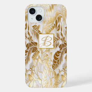 Coque iPhone 15 Plus Elégant Monogramme Or et ivoire de luxe Monstera