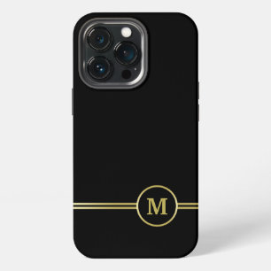 Etui iPhone 13 Pro Élégant monogramme personnalisé or sur fond noir
