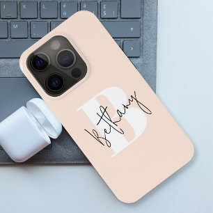 Coque iPhone 15 Pro Élégant Monogramme rose pâle moderne