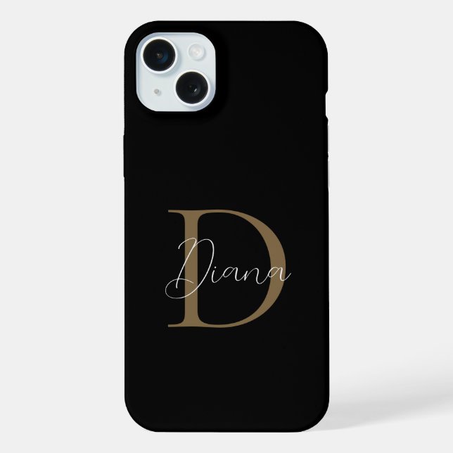 Coque iPhone Élégant Monogramme Script Or Moussu Noir de Minuit (Verso)