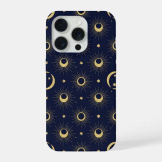 Coque iPhone 15 Pro Élégant motif lunaire et solaire céleste Navy et O