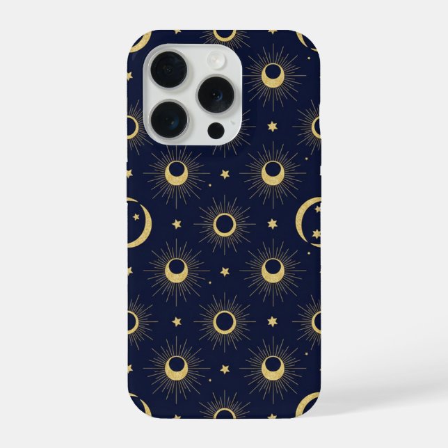 Coque iPhone Élégant motif lunaire et solaire céleste Navy et O (Verso)