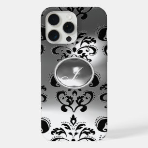COQUE iPhone 15 PRO MAX ÉLÉGANT NOIR BLANC DAMASK GRAY MONOGRAMME EN PIERR