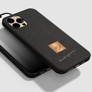Coque Pour iPhone 14 Plus Élégant noir cuir or monogrammé nom de script