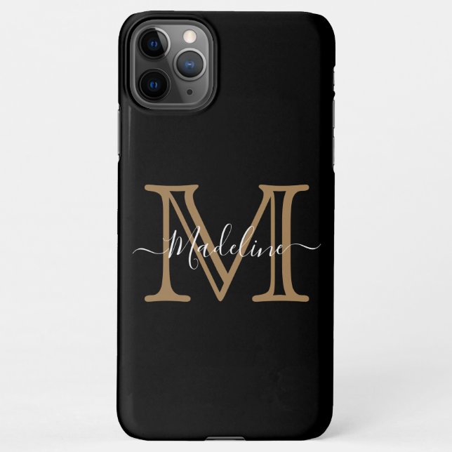 Coque iPhone Élégant Noir Or Moderne Monogramme (Dos)