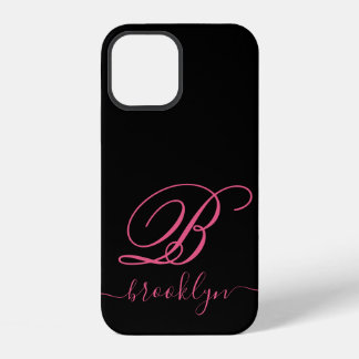 Coque iPhone 12 Élégant noir rose moderne, manuscrit monogramme