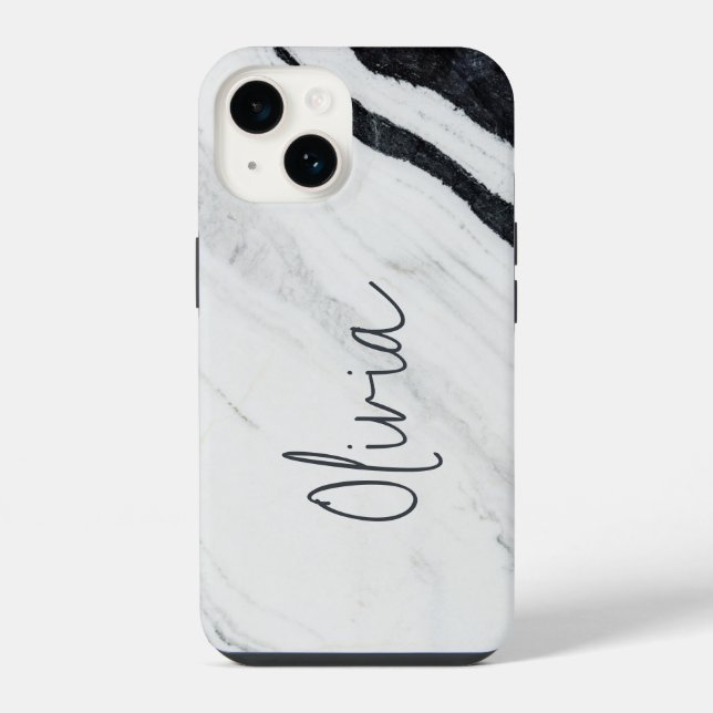 Coque iPhone Élégant nom de script manuscrit Marbre noir et bla (Verso)