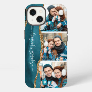 Etui iPhone 13 Élégant Noms de Collage de 3 Photos Agate Sarcelle