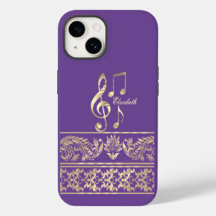 Coque Pour iPhone 14 Élégant or floral, Clé de violon, Note violet
