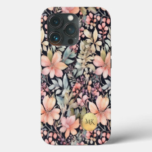 Etui iPhone 13 Pro Élégant or noir rose floral Aquarelle Monogramme