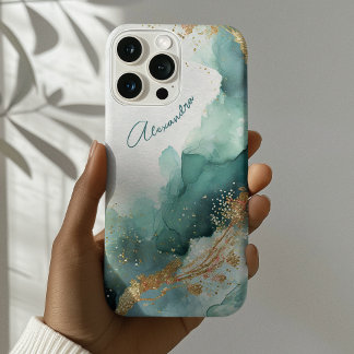 Coque iPhone 16 Pro Max Elégant or Turquoise Abstrait Aquarelle Nom person