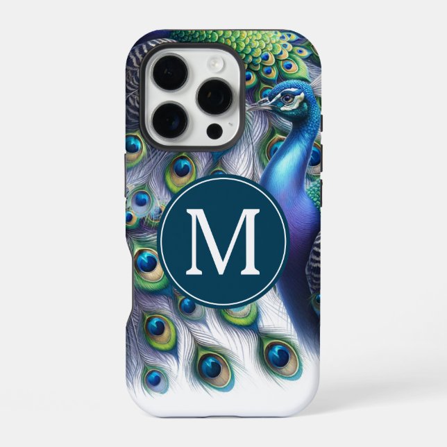 Coque iPhone Élégant paon monogramme (Verso)