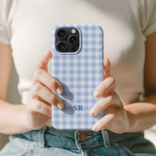 Coque iPhone 15 Pro Max Élégant Plaid Bleu de Campagne Initiale de la Femm