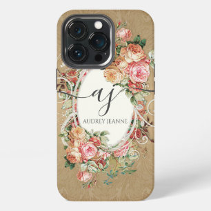 Etui iPhone 13 Pro Élégant Rose Floral Gold Damask Monogramme Script