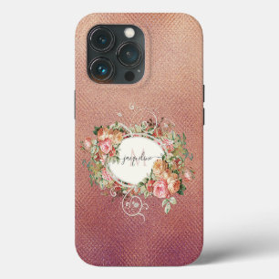 Etui iPhone 13 Pro Élégant rose florale rose Vintage or Nom du script