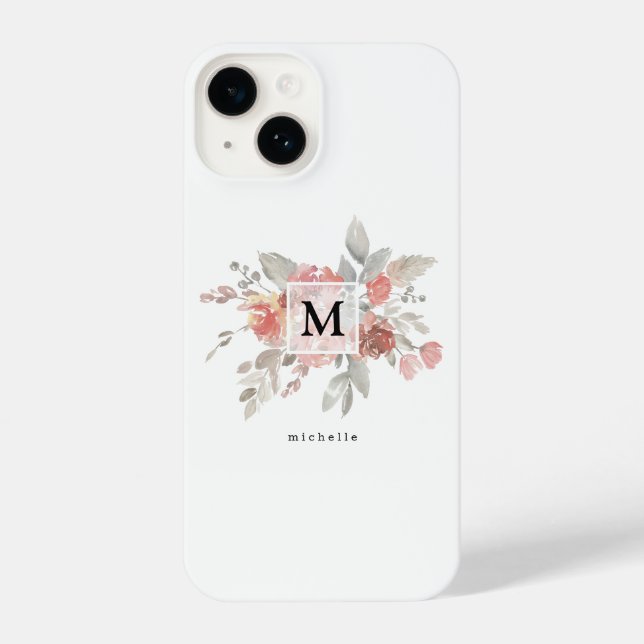 Coque iPhone Élégant rose pâle FloralMonogramme (Verso)