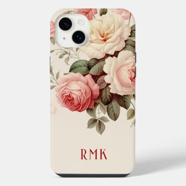 Coque iPhone Élégant Rose rose et bleu avec monogramme (Verso)