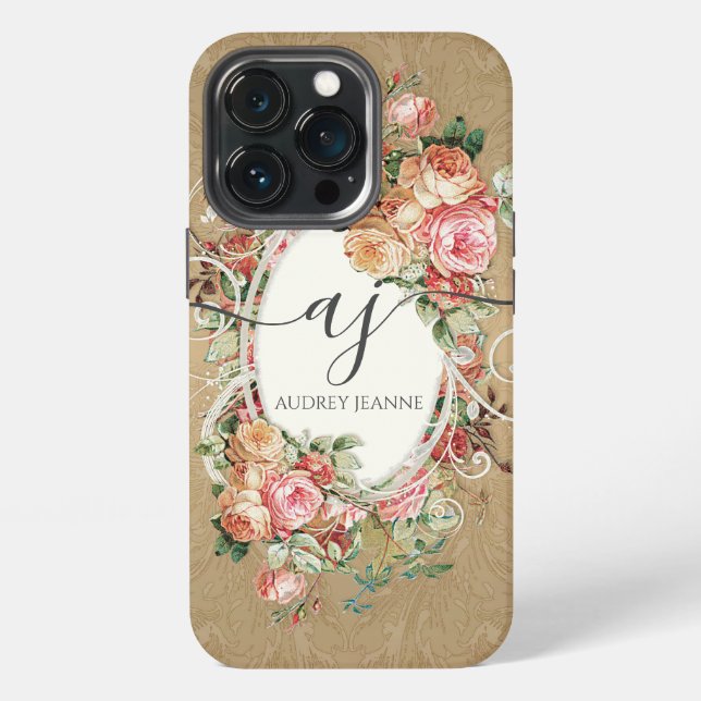 Coque iPhone Élégant Roses Florales Or Damassé Monogramme Scrip (Dos)