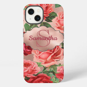 Etui iPhone 13 Élégant Roses Roses Fleurs Monogrammées Rose Rouge