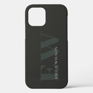 Coque iPhone 12 Pro Élégant rustique foncé vert foncé Monogramme noir