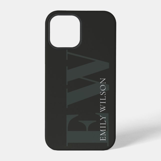 Coque iPhone Élégant Rustique Vert foncé noir Monogramme (Verso)