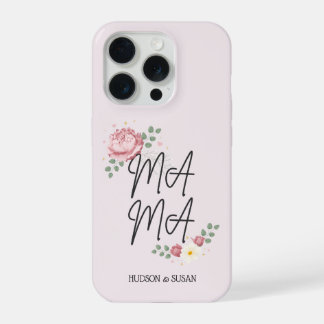 Coque iPhone 15 Pro Élégant Script Mama Fleurs Roses Pivoine Empilées