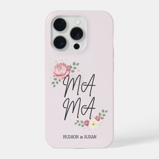 Coque iPhone Élégant Script Mama Fleurs Roses Pivoine Empilées (Verso)