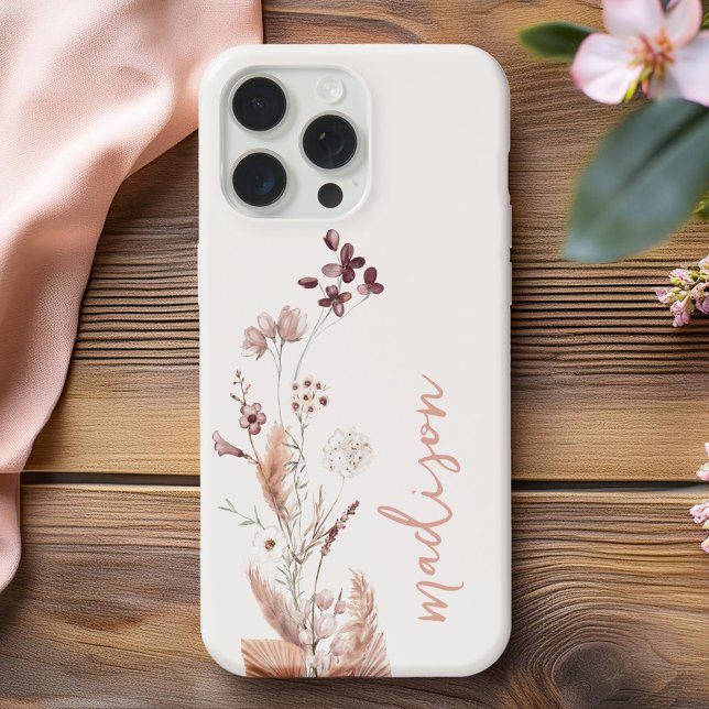 Coque iPhone Élégant script Monogram Boho Fleur sauvage (Créateur téléchargé)