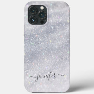 Etui iPhone 13 Pro Max Élégant Script Pailleté Argent Nom Personnalisé