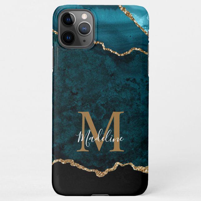 Coque iPhone Élégant Turquoise Marbre Agate Géode Or Monogramme (Dos)