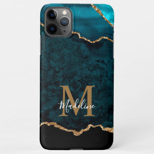 Coque iPhone 11Pro Max Élégant Turquoise Marbre Agate Géode Or Monogramme