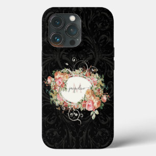 Etui iPhone 13 Pro Élégant Vintage Floral rose noir Monogramme