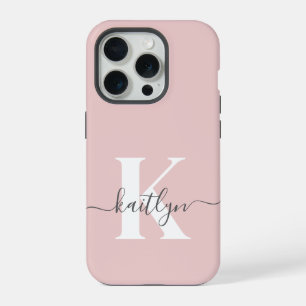 Coque iPhone 15 Pro Élégant violet rose gris script Monogramme