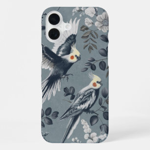 Coque iPhone 16 Plus Élégante Chinoiserie Cockatiel Vol Bleu Floral