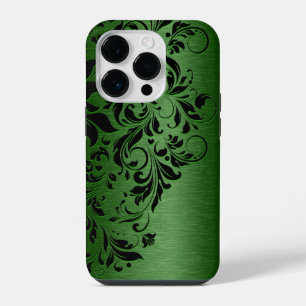 Coque Pour iPhone 14 Plus Elégante dentelle métallique verte et noire floral