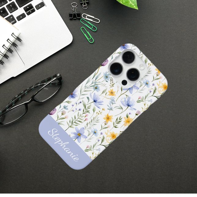 Coque iPhone Élégante fleur sauvage aquarelle bleu violet  (Créateur téléchargé)