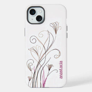 Coque iPhone 15 Plus Elégante ligne élégante florale brun noir rose