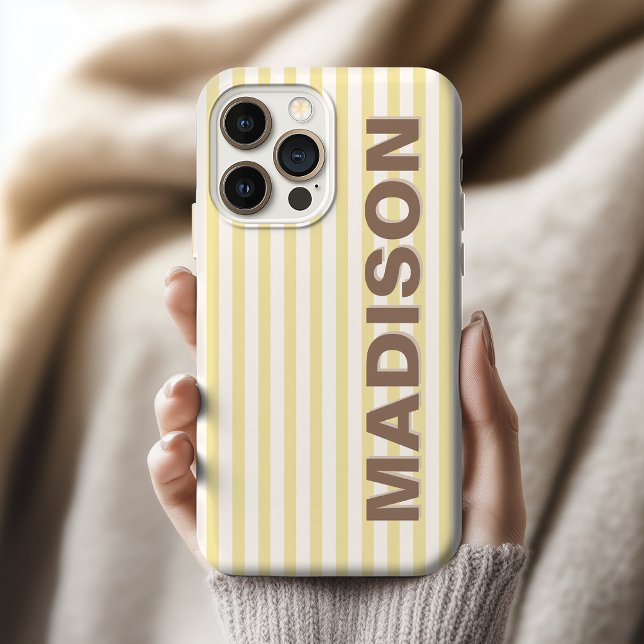 Coque iPhone Élégante Robe de Mariée Rayée Jaune Beurre Nom Dem (Custom Name Stripe iPhone case Gift for mother's day |  Vintage Stripe iPhone case Gift for Grandma)