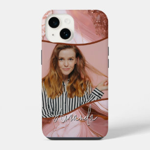 Coque Pour iPhone 14 Elégante Rose Gold Marble Parties scintillant phot
