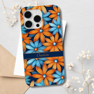 Coque iPhone 15 Pro Max Élégantes Fleurs Bleues et Orange Nom Personnalisé