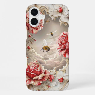 Coque iPhone 16 Plus Élégantes roses 3D, abeilles et beauté botanique