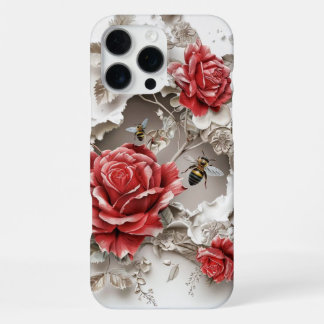 Coque iPhone 16 Pro Max Élégantes roses 3D, abeilles et beauté botanique