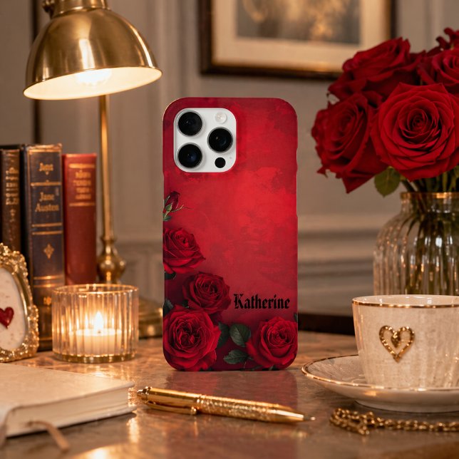Coque iPhone Elegantes Roses Rouges Gothiques Nom Personnalisé (Créateur téléchargé)
