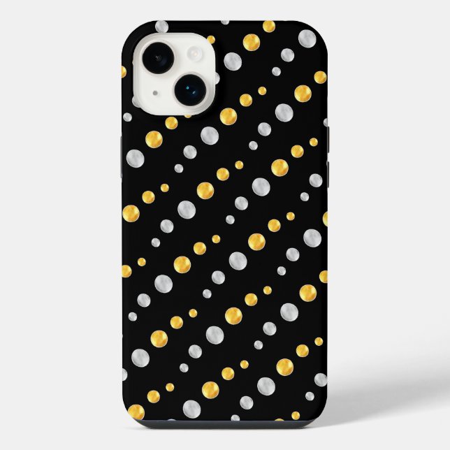 Coque iPhone Élégants points dorés et argentés sur fond noir (Verso)