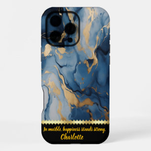 Coque iPhone 16 Pro Max Elégants tourbillons de marbre bleu et or