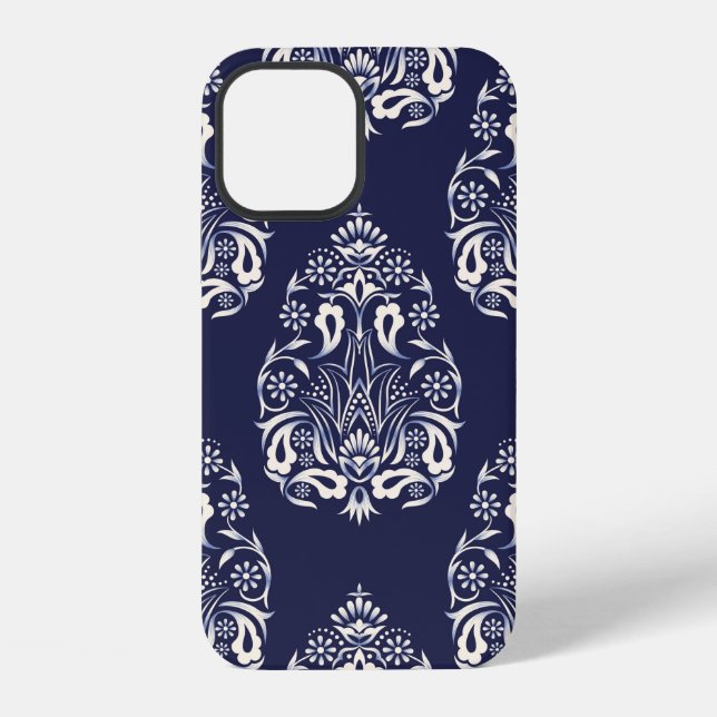 Coque iPhone élément motif transparent damassé bleu (Verso)