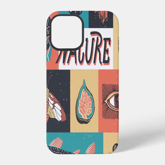 Coque iPhone Éléments de la nature, icônes de style rétro. (Verso)