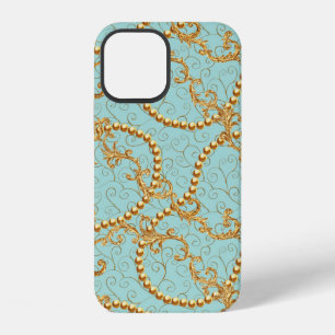Coque iPhone 12 Éléments dorés rococo en motif continu. Texte doré