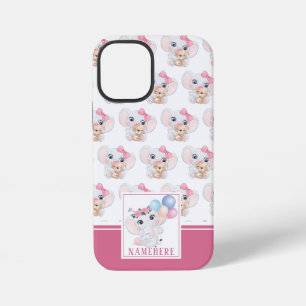 Coque iPhone 12 Mini Éléphant Rose Féminin avec Nœud et Motif de Ballon